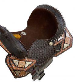 Double T fully tooled Youth / Pony show saddle with copper/silver.13 inches - Medieval Replicas