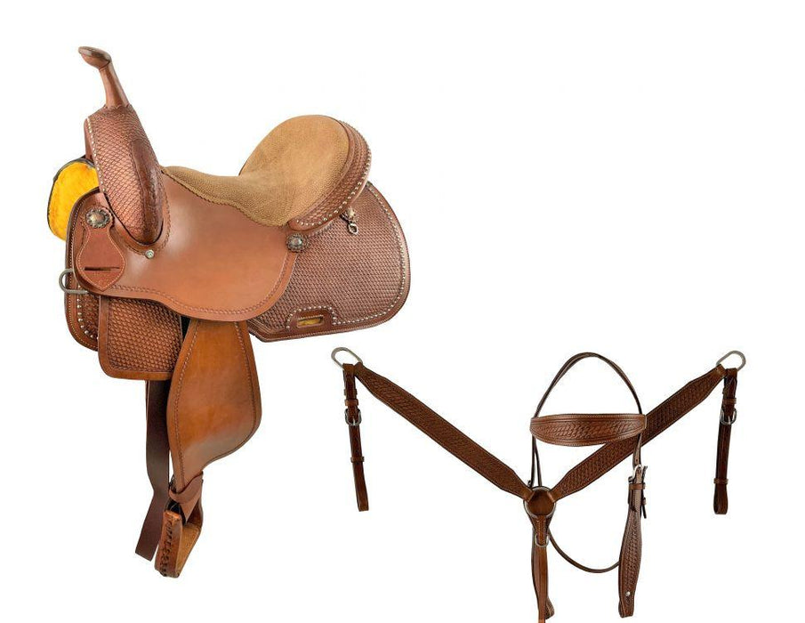 15" Barrel Style Horse Saddle Set with basket stamp tooling and silver bead accents - Medieval Replicas