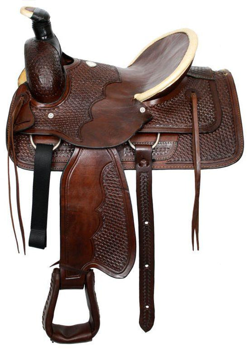 Buffalo roper style high back hardseat saddle with basketweave tooling - Medieval Replicas