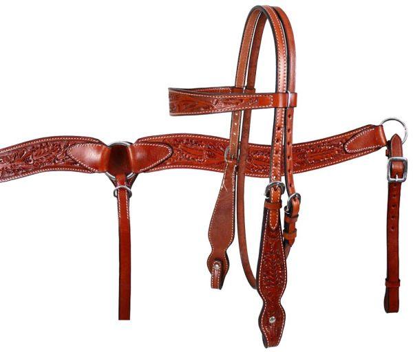 Showman leather browband headstall, breast collar set with acorn tooling. - Medieval Replicas