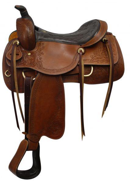 Double T Pleasure Style Saddle with Floral tooled accents. 16 inches - Medieval Replicas