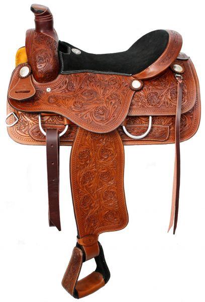 Double T Roper style horse saddle with suede leather seat. 16" - Medieval Replicas