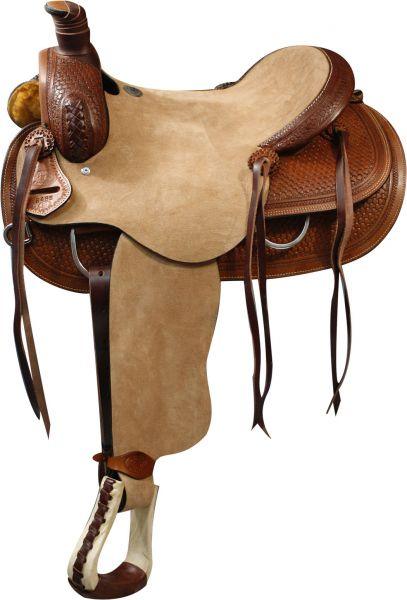 Double T Roper Style Saddle Rough Out Leather Hard Seat.Basket Weave Tooling 16" - Medieval Replicas