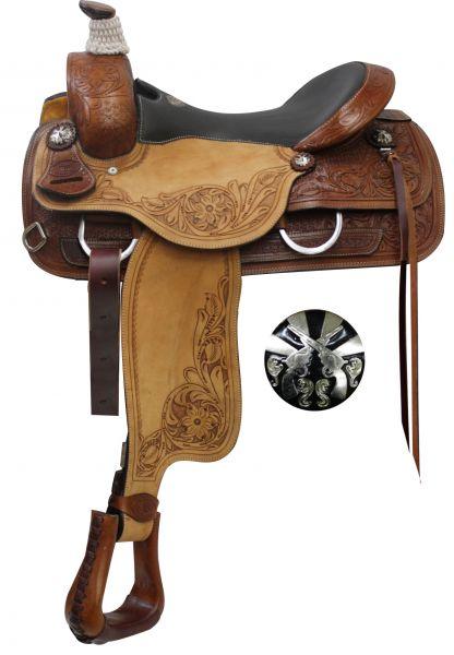 Double T  Roper Style Horse Saddle With Cross Guns Conchos 16", 17" - Medieval Replicas