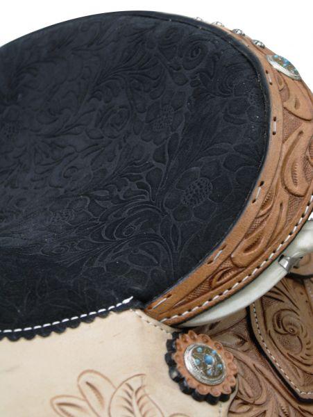 Double T Barrel Style Saddle with Floral Embossed Suede Seat. 14", 15", 16" - Medieval Replicas