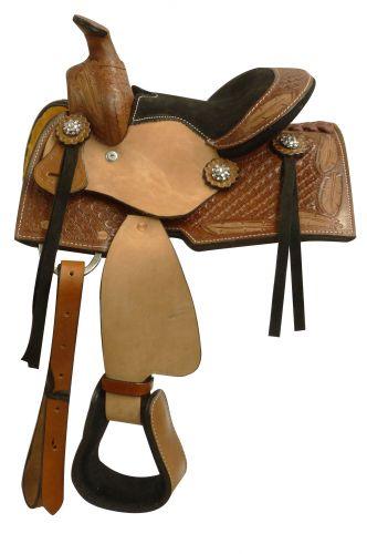 Pony saddle with a tooled feather design 8" - Medieval Replicas