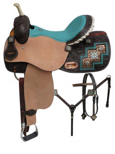 Double T Bejeweled metallic leopard print barrel style saddle set 14", 15", 16'' - Medieval Replicas