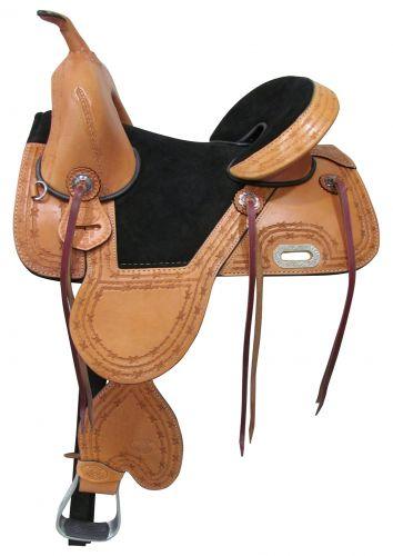 Circle S Treeless Saddle with barbwire tooled trim. 15", 16" - Medieval Replicas