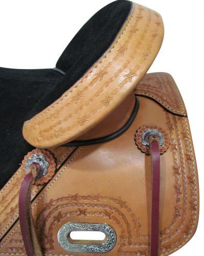 Circle S Treeless Saddle with barbwire tooled trim. 15", 16" - Medieval Replicas