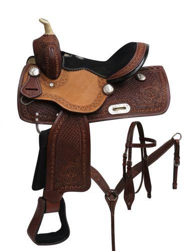 Double T Youth barrel style saddle set with zigzag, basket weave 12" - Medieval Replicas