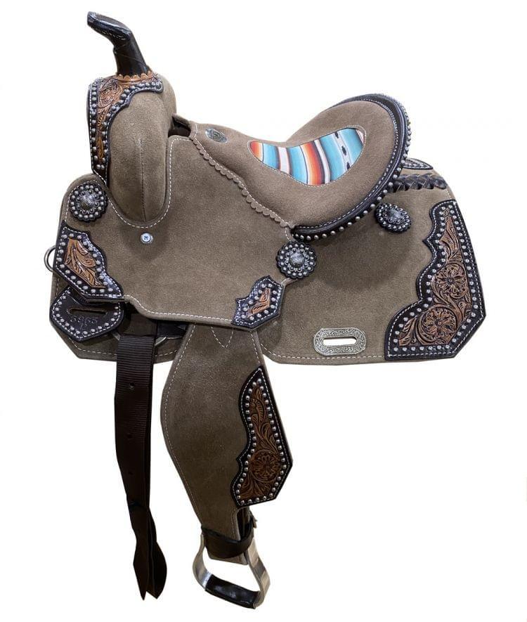 12" DOUBLE T  Rough Out Barrel Horse Saddle With Southwest Serape Printed Inlay |saddle seat riding - Medieval Replicas