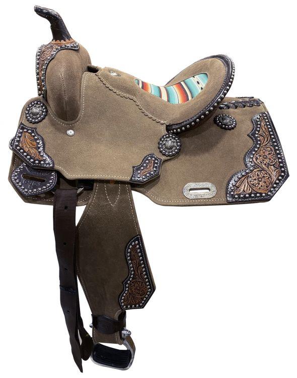 13" DOUBLE T Rough Out Barrel Horse Saddle With Southwest Serape Printed Inlay | riding saddle seat