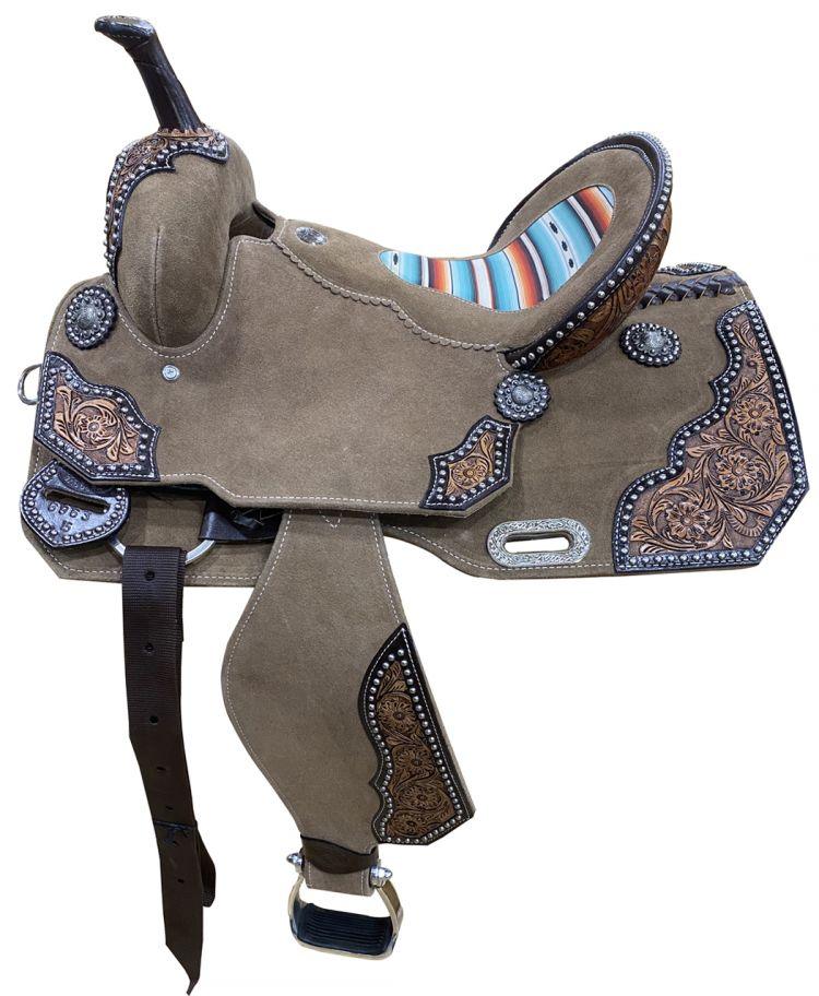 14", 15" Rough Out Barrel Horse Saddle with Southwest Serape Print - Medieval Replicas