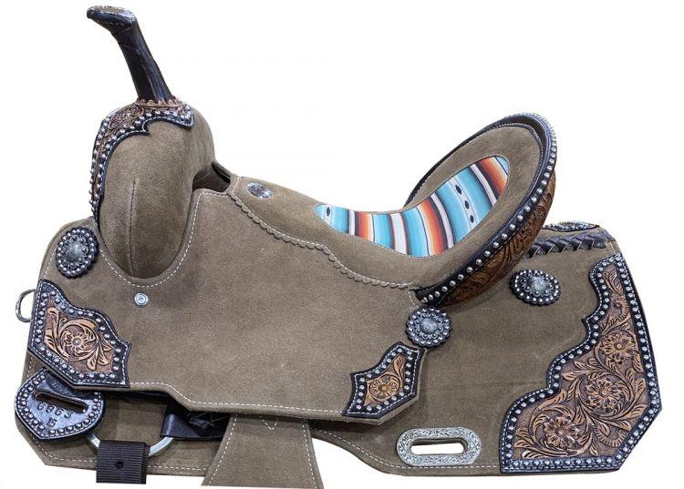 14", 15" Rough Out Barrel Horse Saddle with Southwest Serape Print - Medieval Replicas