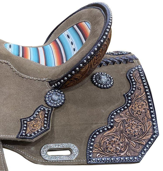 14", 15" Rough Out Barrel Horse Saddle with Southwest Serape Print - Medieval Replicas