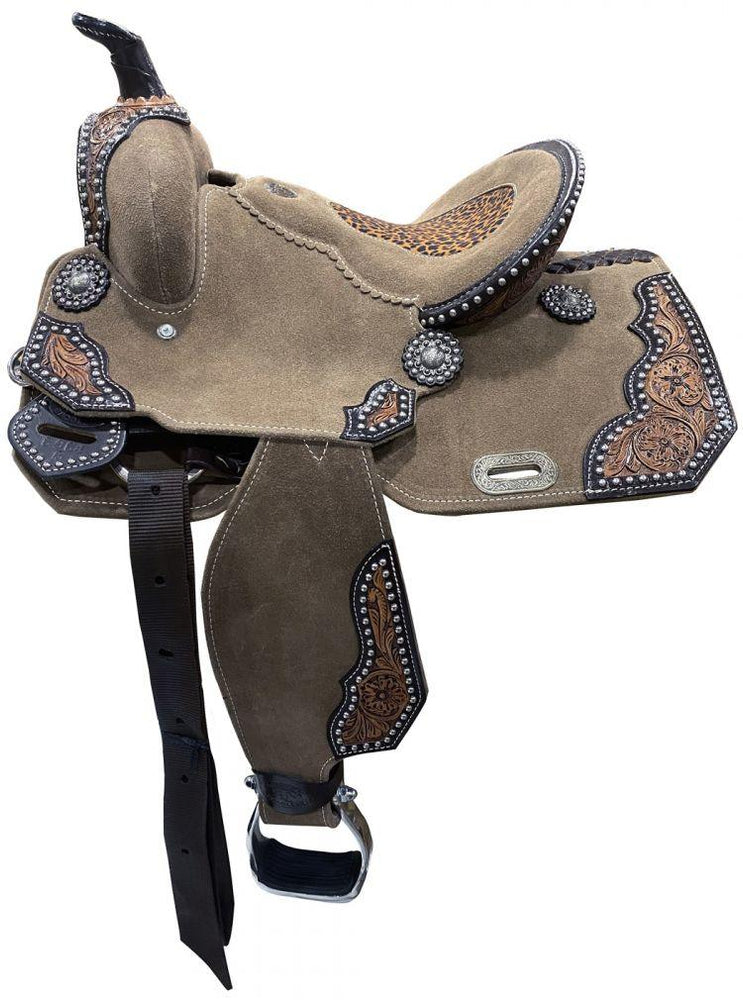 13" DOUBLE T  Rough Out Barrel Horse Saddle With Cheetah Printed Inlay |riding saddle seat