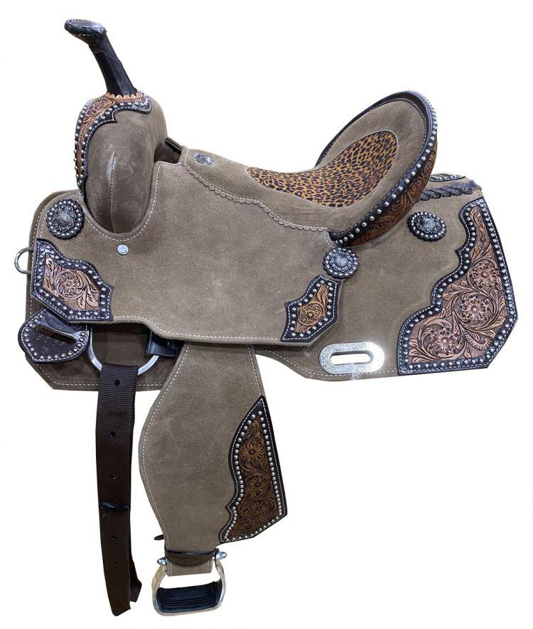 14", 15" DOUBLE T Rough Out Barrel Horse saddle with Cheetah Printed Inlay - Medieval Replicas