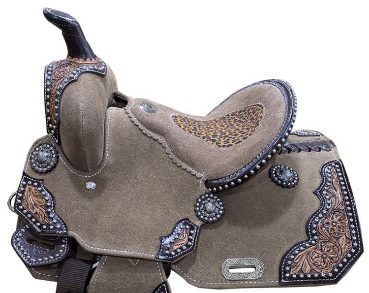 12" DOUBLE T  Rough Out Barrel Horse Saddle With Cheetah Printed Inlay NEW | saddle seat riding - Medieval Replicas