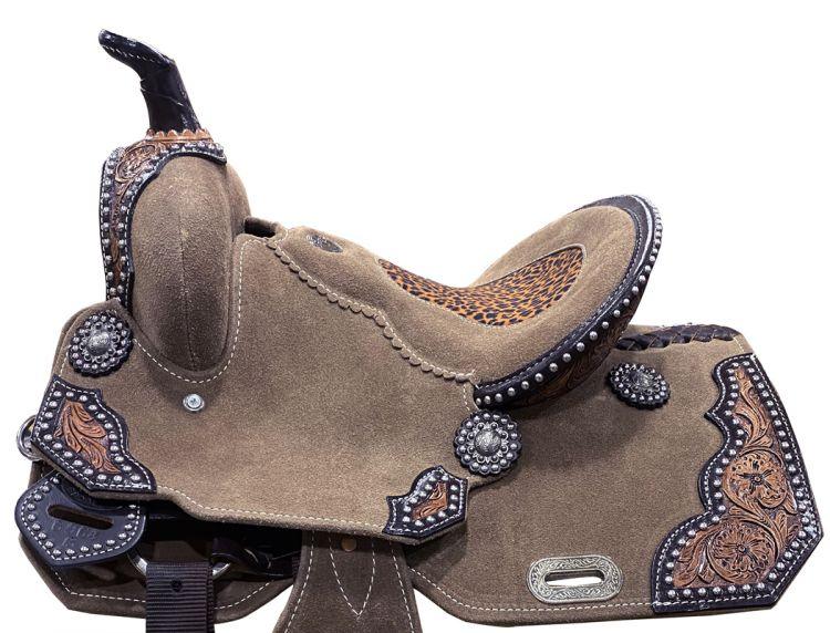 13" DOUBLE T  Rough Out Barrel Horse Saddle With Cheetah Printed Inlay |riding saddle seat