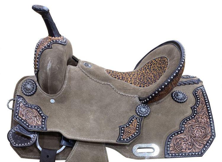 14", 15" DOUBLE T Rough Out Barrel Horse saddle with Cheetah Printed Inlay - Medieval Replicas