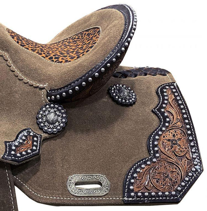 13" DOUBLE T  Rough Out Barrel Horse Saddle With Cheetah Printed Inlay |riding saddle seat