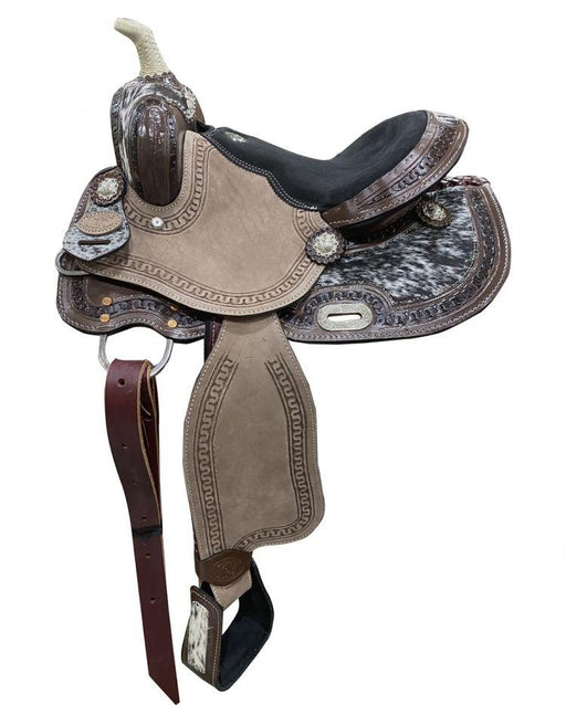 13" Youth Barrel Horse Saddle With Hair On Cowhide Inlay Double T | riding saddle seat - Medieval Replicas