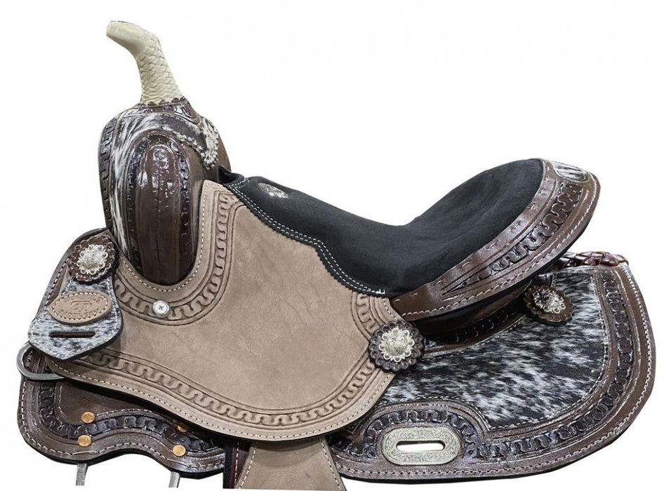 13" Youth Barrel Horse Saddle With Hair On Cowhide Inlay Double T | riding saddle seat - Medieval Replicas