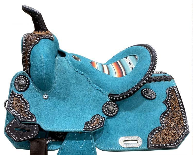 12" DOUBLE T  Teal Rough Out Barrel Style Horse Saddle With Printed Inlay - Medieval Replicas