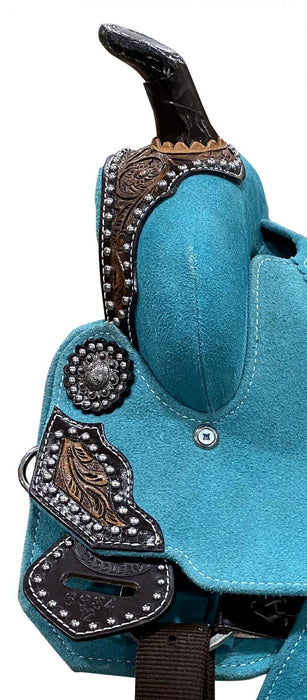 12" DOUBLE T  Teal Rough Out Barrel Style Horse Saddle With Printed Inlay - Medieval Replicas