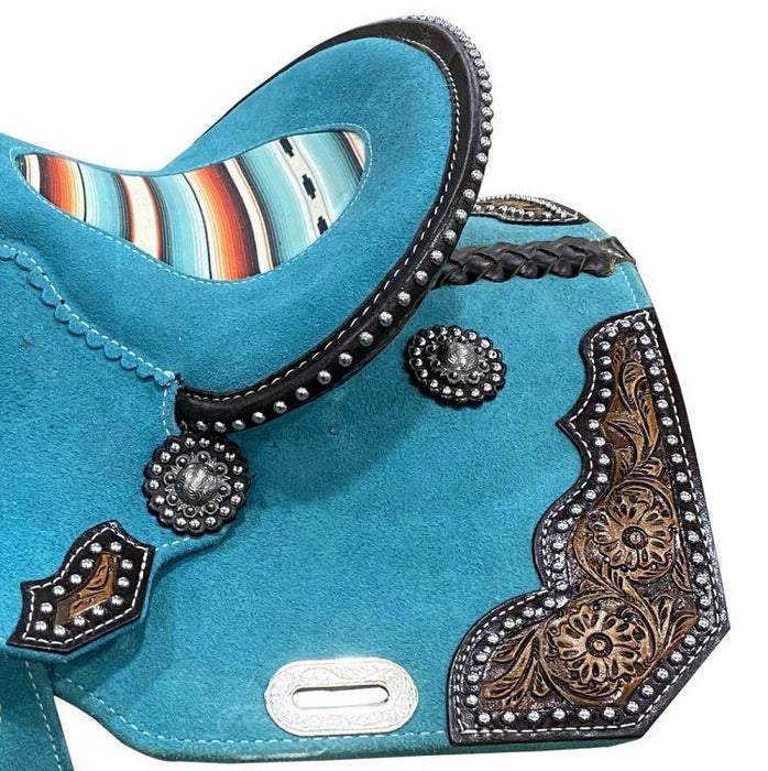 13" DOUBLE T Rough Out Barrel Style Horse Saddle With Southwest Printed Inlay |riding saddle seat