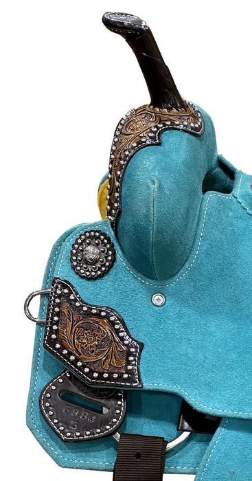 15" DOUBLE T Teal Rough Out Barrel Style Horse Saddle With Printed Inlay - Medieval Replicas