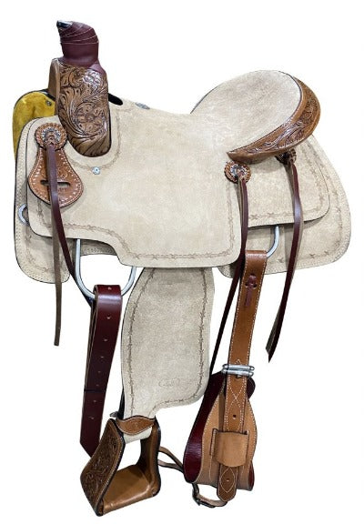 16", 17" Circle S Roper Western Horse Saddle with barbed wire tooling on skirt