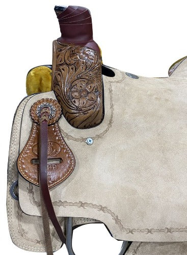 16", 17" Circle S Roper Western Horse Saddle with barbed wire tooling on skirt