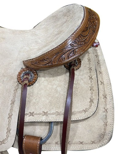 16", 17" Circle S Roper Western Horse Saddle with barbed wire tooling on skirt