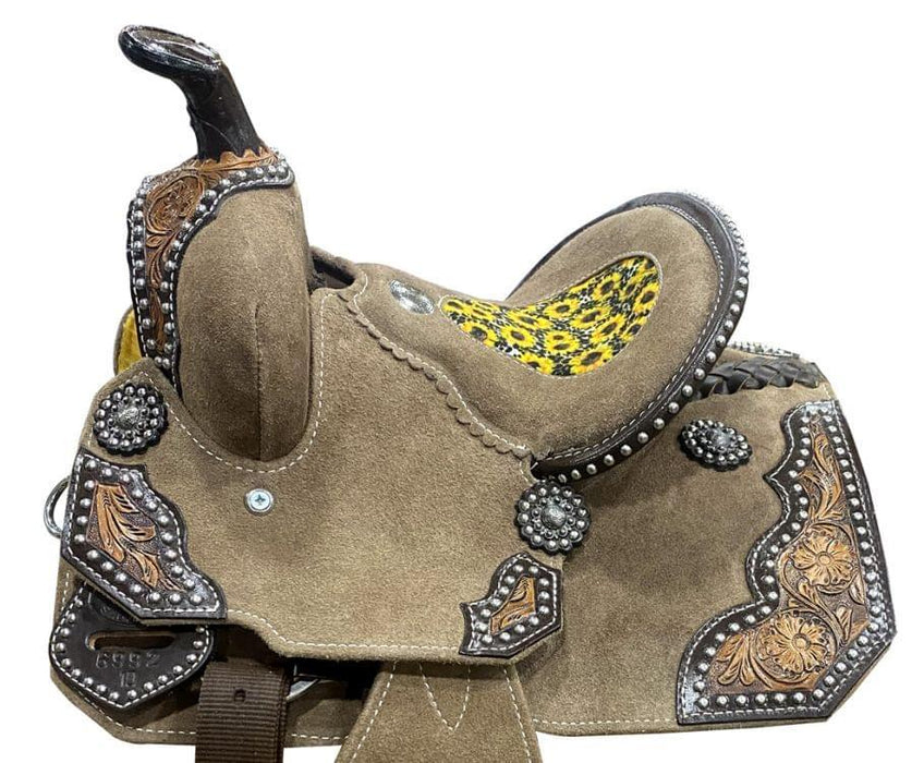 10" DOUBLE T  Rough Out Barrel Style Horse Saddle With Cheetah Print Inlay | rough out saddles - Medieval Replicas