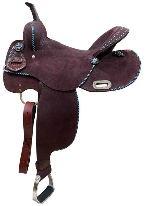 14" CIRCLE S Barrel style Horse saddle with Teal buck stitch accents - Medieval Replicas