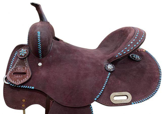 14" CIRCLE S Barrel style Horse saddle with Teal buck stitch accents - Medieval Replicas