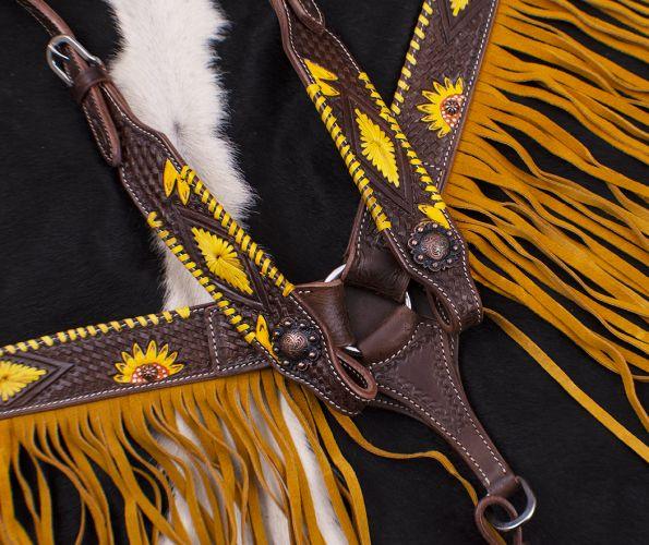 Showman Dark Oil, Hand Painted Sunflower Single Ear Headstall and Breast collar - Medieval Replicas