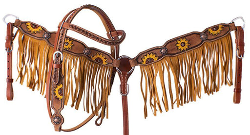 Showman PONY Hand painted sunflower horse headstall and breast collar set with fringe - Medieval Replicas