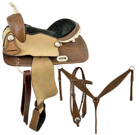 Double T Barrel saddle set with basket weave tooling   15", 16" - Medieval Replicas