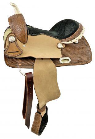 Double T Barrel saddle set with basket weave tooling   15", 16" - Medieval Replicas