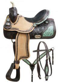 Double T barrel saddle set with teal filigree inlay 15", 16" - Medieval Replicas