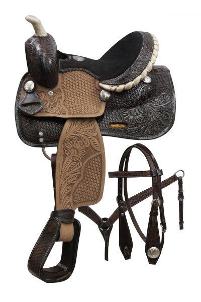 Double T pony saddle set with engraved silver conchos 10" - Medieval Replicas