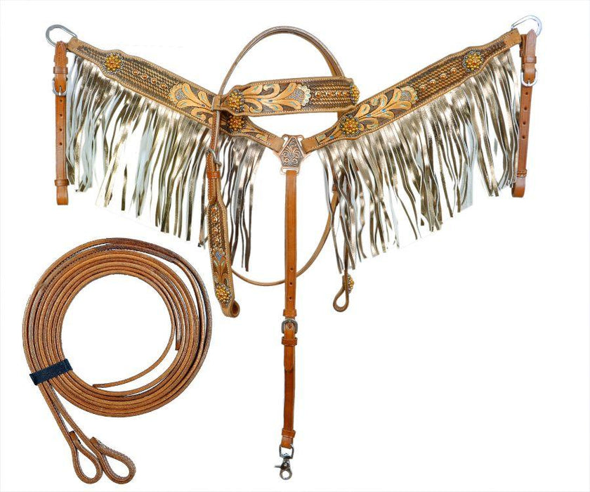 Showman Gold Fringe Tooled Leather Horse Headstall And Breast Collar Set  NEW - Medieval Replicas