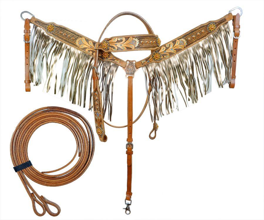 Showman Gold Fringe Tooled Leather Horse Headstall And Breast Collar Set  NEW - Medieval Replicas