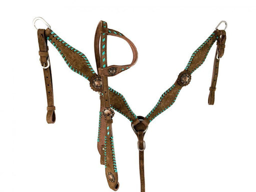 One Ear Chocolate Rough Out Horse Headstall and Breast Collar Set with Teal lacing - Medieval Replicas