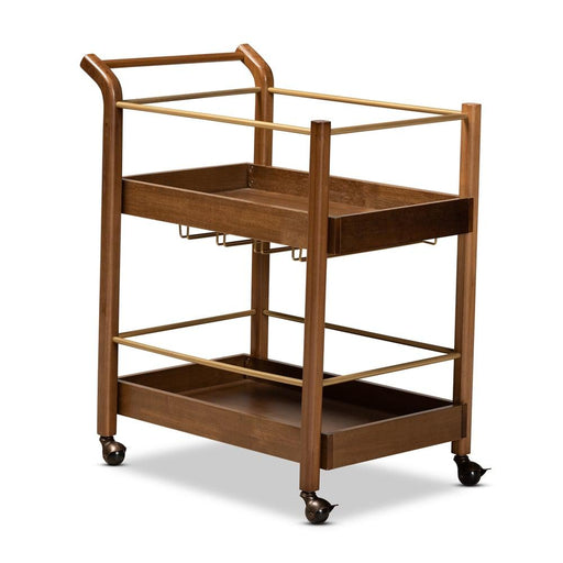 TAHIR MODERN BROWN FINISHED WOOD AND ANTIQUE GOLD FINISHED METAL 2-TIER MOBILE BAR CART - Medieval Replicas