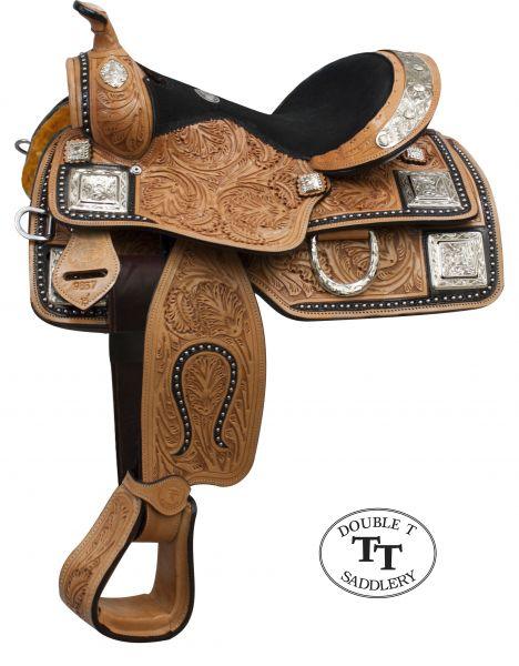 Double T fully tooled Youth / Pony show saddle with silver. 12" - Medieval Replicas