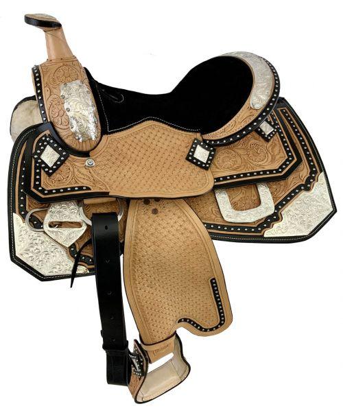 Double T fully tooled Youth / Pony show saddle with silver. 12", 13" - Medieval Replicas