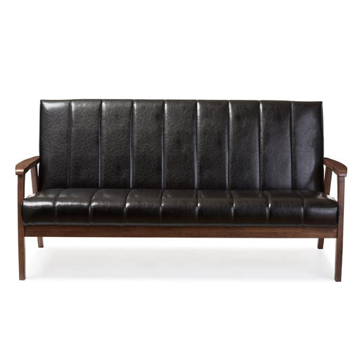 NIKKO  MODERN SCANDINAVIAN STYLE BLACK FAUX LEATHER WOODEN 3-SEATER SOFA - Medieval Replicas